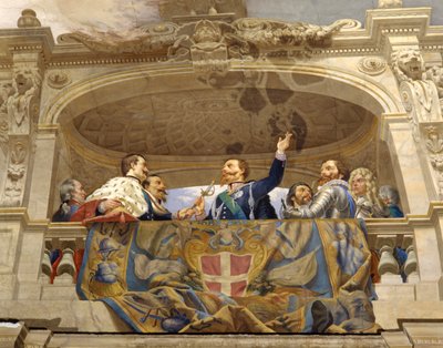 Carlo Alberto gir sverdet til Vittorio Emanuele II, detalj (detalj av 3433390) av Cesare Mariani