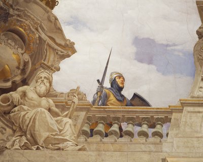 Detalj fra Allegory of Italy, freskomaleri av Cesare Mariani (1826-1901), tak, Hall of Majority, Palazzo delle Finanze (Finanspalasset), Roma. Italia av Cesare Mariani