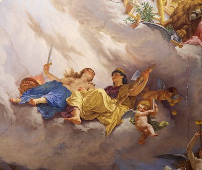 Detalj fra Allegory of Italy, freskomaleri av Cesare Mariani (1826-1901), tak, Hall of Majority, Palazzo delle Finanze (Palace of Finance), Roma. Italia av Cesare Mariani