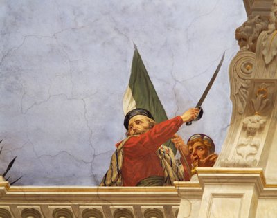 Detalj fra Allegory of Italy, freskomaleri av Cesare Mariani (1826-1901), tak, Hall of Majority, Palazzo delle Finanze (Finanspalasset), Roma. Italia av Cesare Mariani