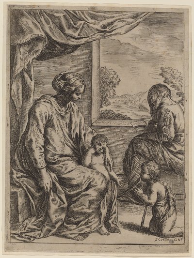 Den hellige familie med døperen Johannes av Cesare Roberti, after Simone Cantarini