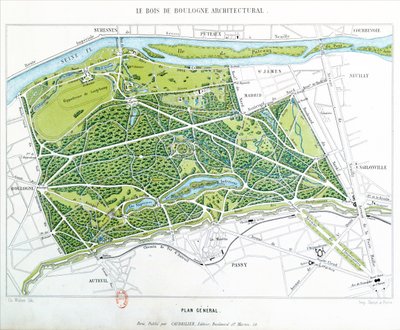 Plan over Bois de Boulogne i Paris, utgitt av Caudrilier, 1860 av Ch. Walter