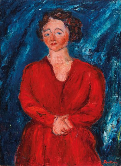 Kvinnen i rødt på blå bakgrunn, ca 1928. av Chaim Soutine