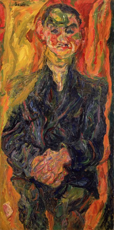 Mann i blått, med gul og rød bakgrunn av Chaim Soutine