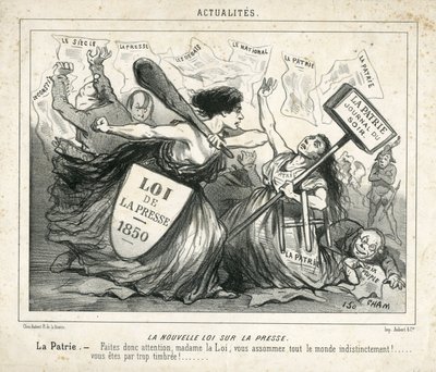 Illustrasjon av Cham (1819-1879) i Le Charivari, rundt 1850-4-3 - Den nye loven om pressen - Sensur, Presse/Media, Loi - Proudhon Pierre-Joseph (1809-1965), Girardin Emile de (1806- 1881) - Allegorie av Amédée de Noé