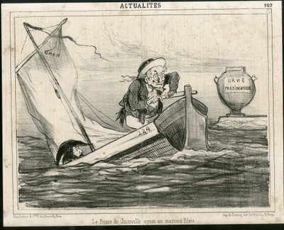 Illustrasjon av Cham (1819-1879) i Le Charivari, rundt 1850 - Prinsen av Joinville har en dårlig pilot - Valg, republikkens president, Maritime Marine Nautique Balneaire - Thiers Adolphe, Francois d'Orleans (1818-1900) Prince de Joinville - Urne av Amédée de Noé