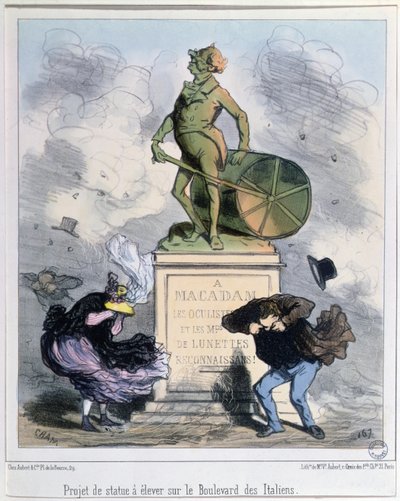 Prosjekt for å reise en statue til ære for Macadam på Boulevard des Italiens, Paris (farge litho) av Amédée de Noé