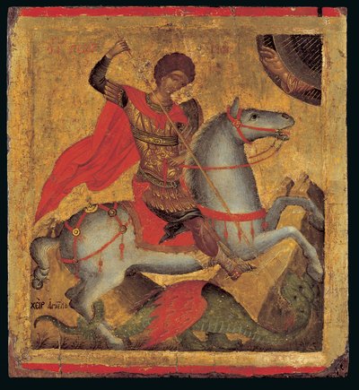 Ikon for St. George til hest, Slaying the Dragon (eggtempera på tre) av Chanter Angelos Akotandos