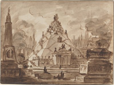 Arkitektonisk fantasi med et pyramideformet mausoleum, ca. 1747 (penn og brunt blekk med brun vask på lagt papir) av Charles-Michel-Ange Challe