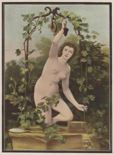 Kvinne plukker druer fra en vinranke (farge litho) av Charles (after) Landelle