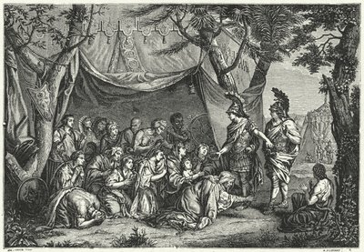Dronningene av Persia ved føttene til Alexander (gravering) av Charles (after) Le Brun