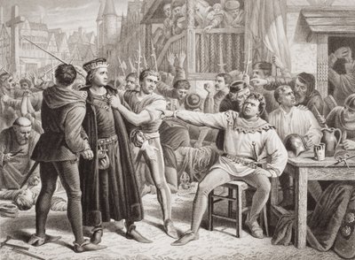 Lord Saye og Sele ført frem for Jack Cade, 4. juli 1450, fra «Illustrations of English and Scottish History» bind I (gravering) av Charles (after) Lucy
