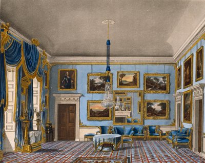 Blå fløyelshall, Gravering av Daniel Havell (1785-1826), Basert på design av Charles Wild (1781-1835), Fra The History of the Royal Residences av Charles (after) Wild