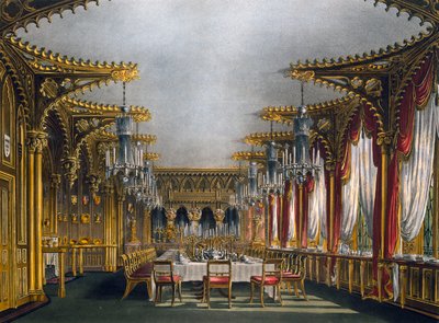 Gotisk spisestue, gravering av Thomas Sutherland (1785-1838), Basert på design av Charles Wild (1781-1835), Fra The History of the Royal Residences av Charles (after) Wild