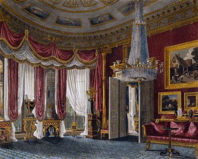 Rosa satengstue, gravering av Richard Reeve (født i 1780), Basert på design av Charles Wild (1781-1835), Fra The History of the Royal Residences av Charles (after) Wild