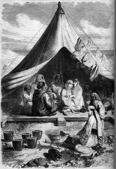 Jødisk familie fra Marokko flyktet på Gibraltar-kysten i 1860. Ifølge Mr. Yriartes skisse. Gravering i "" Le Monde Illustré"" nr. 146 av 28. januar 1860. av Charles (after) Yriarte