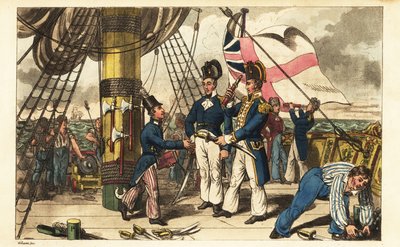 Kaptein Spring gjør Midshipman Newcome til sin aide-de-camp og gir ham sverdet sitt på kvartdekket til HMS Victory av Charles (c.1797 1850) (after) Williams