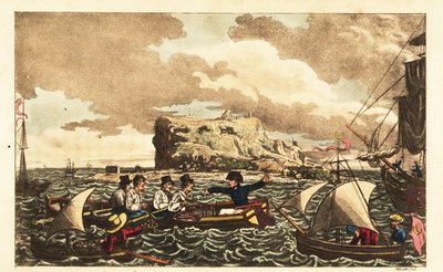 Midshipman Newcome overført med robåt til HMS Vanguard nær Gibraltar av Charles (c.1797 1850) (after) Williams