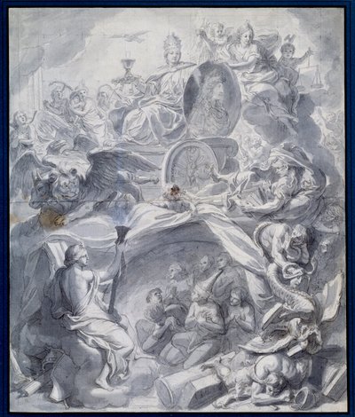 Allegori: "" The Victorious Church of Heresie or the Triumph of Religion"" Tegning av en gouache og vask av verkstedet til Charles Lebrun (Le Brun) (1619-1690) Paris fra 1600-tallet, Musee du Louvre av Charles (studio of ) Le Brun