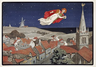 Peter og Wendy Flying fra Peter Pan av J M Barrie (1860 - 1937), pub.1904 (farge litho) av Charles A. Buchel