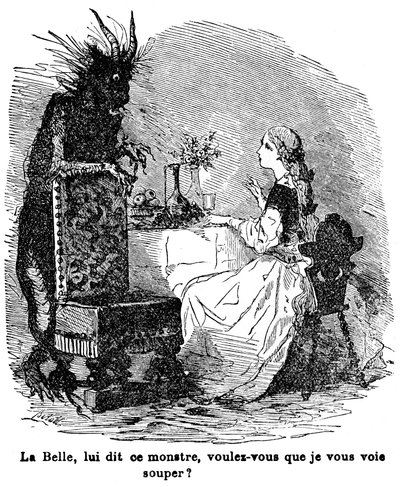 Illustrasjon for historien om fru Jeanne Marie Leprince de Beaumont "Skjønnheten og Bete", 1800-tallet av Charles Albert dArnoux Bertall