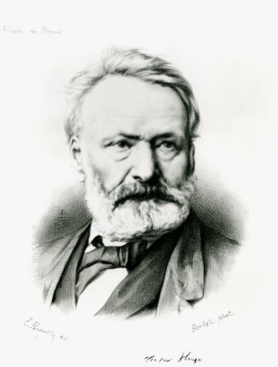 Portrett av Victor Hugo (1802-85) fra 'Album du Rappel', gravert fra et fotografi av Edme Penauille (d.1871) 1869 av Charles Albert d Arnoux Bertall