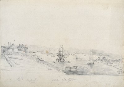 Til høyre, leiren til franskmennene fra Baudin-ekspedisjonen til Bennelong-punkt, venstre, Sydney, hjemmet til Nicolas Bayley - blyant og blekk av Charles Alexandre Lesueur av Charles Alexandre Lesueur