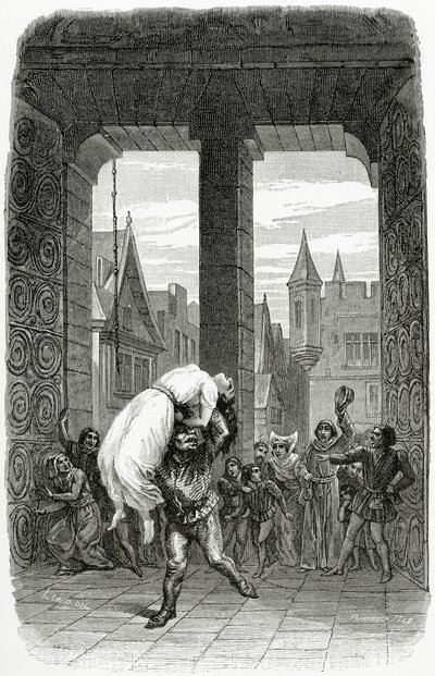 Quasimodo redder Esmeralda fra henrettelse - illustrasjon fra Notre Dame de Paris, 1800-tallet (bw gravering) av Charles Alexandre Lesueur