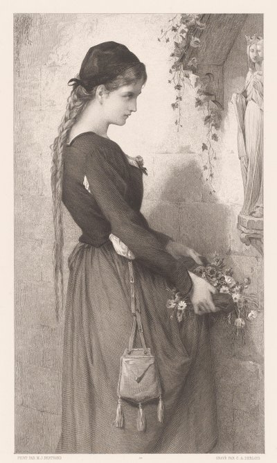 Ung kvinne bringer blomster til nisje med statue av Maria Marguerite (tittel på objekt) av Charles Alphonse Deblois