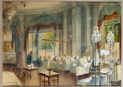 Utsikt over det store rommet til det britiske sykehuset på Hotel Astoria. Maleri av Charles Igunet De Villers (1881 - 1944) av Charles Andre Igounet de Villers
