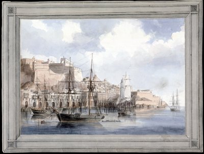 Vue de Malte (View at Malta) (den store havnen i Valletta med Fort Sant Angelo) - Maleri av Charles Andrew Dyce (1816-1853), akvarell på papir (25,1 x 34,9 cm), ca. 1849 - Yale University (USA) av Charles Andrew Dyce