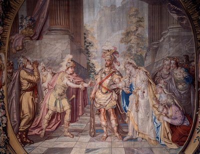Scenografi: "" Alceste"" Representasjon av scene 4 i akt V i operaen av Philippe Quinault (1635-1688) satt til musikk av Jean Baptiste Lully (Giovanni Battista Lulli) (1632-1687). Detalj av et billedvev av Charles Antoine Coypel (1694-1752) 1764 laget i Mi av Charles Antoine (after) Coypel
