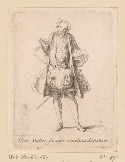 Stående adelsmann sett forfra Petit Maître faisant semblant de penser (tittel på objekt) Figures de modes (serietittel) av Charles Antoine Coypel