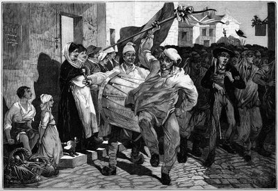 Militærtjeneste: loddtrekning i Burgund, vernepliktige nær Macon. Gravering av Montbart i ""The Illustrous World"" nr. 1299 av 18. februar 1882. av Charles Auguste Loye