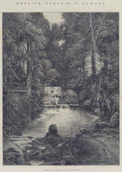 English Homes, Bowood, Cascade in the Park, ved enden av innsjøen av Charles Auguste Loye