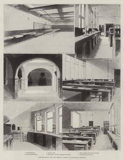 Nye bygninger for medisinsk skole ved Middlesex Hospital av Charles Auguste Loye