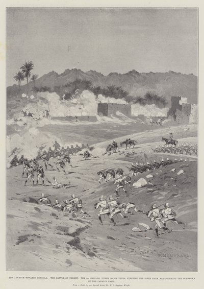 Fremskrittet mot Dongola, slaget ved Ferket, 1. brigade, under major Lewis, rydder elvebredden og stormer Jahalin-leirens utverk av Charles Auguste Loye