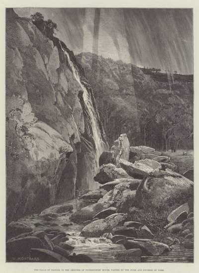 The Falls of Dargle, i Grounds of Powerscourt House, besøkt av hertugen og hertuginnen av York av Charles Auguste Loye