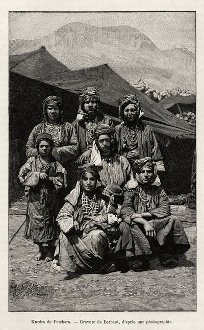 Kurderne i Petchara (Tyrkia). Gravering av Barbant for å illustrere historien "Gjennom russisk Armenia, Karabagh, Arax-dalen, Ararat-massivet" "av Madame B. Chantre, i Le tour du Monde 1892, regissert av Edouard Charton (1807-1891), Hachette, Paris. av Charles Barbant