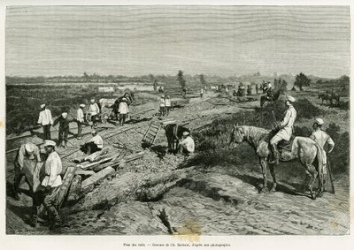 Legging av transkaspiske skinner. Gravering av Ch. Barbant for å illustrere historien Voyage a Merv, av Edgar Boulanger, i le tour du monde 1887, regissert av Edouard Charton (1807-1890), Hachette, Paris. av Charles Barbant