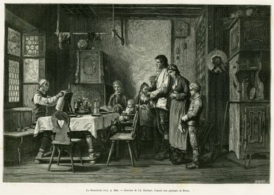 Den velsignede. Barbant-gravering etter et maleri av Brion, for å illustrere historien A Through Alsace and Lorraine, av Charles Grad, tysk deputert, i 1884, i tour du monde 1886, regissert av Edouard Charton (1807-1890), Hachette, Paris. av Charles Barbant