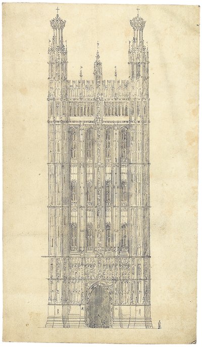 Tegning for Houses of Parliament, ca. 1836-40 (penn og blekk på papir) av Charles Barry