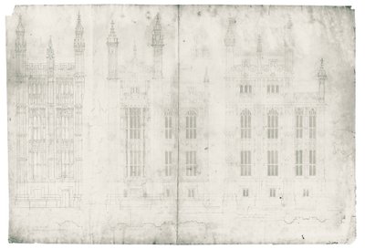 Tegning for Houses of Parliament, ca. 1836-40 (penn og blekk på papir) av Charles Barry