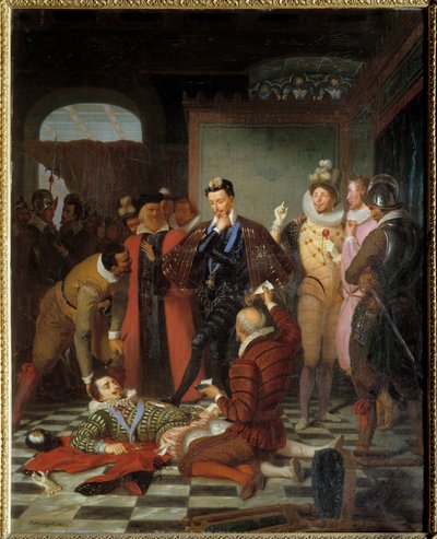 Henrik III, konge av Frankrike, skyver liket av Henri I av Lorraine, hertug av Guise kalt Balafre (1550-1588) etter attentatet hans på slottet Blois av Charles Barthelemy Durupt