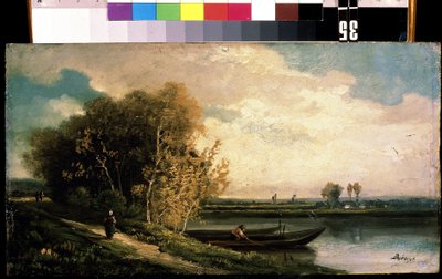 ""La berge"" (Kysten) Elvelandskap med en fisker og en bondekvinne. Maleri av Charles Barthelemy Jean Durupt (1804-1838) Mikhail Kroshitsky kunstmuseum fra 1800-tallet, Sevastopol (Sevastopol) Ukraina av Charles Barthelemy Durupt