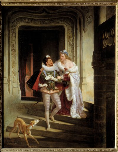 Markisen av Noirmoutiers, Charlotte de Beaune Semblancay (1551-1617) som forsøkte å detournere Henry I av Lorraine, hertugen av Guise kalt Balafre (1550-1588) for å gå til forsamlingen i delstatene Blois før hans attentat (1588) kl. slottet til B av Charles Barthelemy Durupt