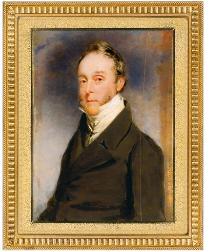 George Hay Hawkins vimpel i brun kåpe, hvit vest og hvit skjorte med høy krage, Camden Town, London, 1864 av Charles Basebe