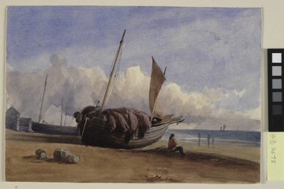 Strandet fiskebåt med sittende fisker av Charles Bentley