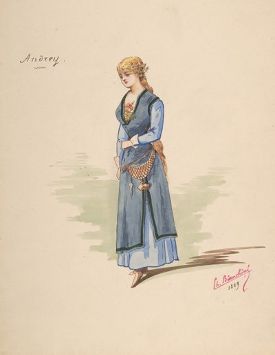 Kostymedesign for Andrey [a], Beskrivende ark med tilbehør [b], 1889. av Charles Bianchini