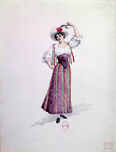 Ung kvinnekostyme (Nedda eller Colombine?) for operaen "" Paillasse"" (de pagliacci, klovner) av Ruggero Leoncavallo (1857-1919) fra 1892. Akvarell av Charles Bianchini (1860-1905) av Charles Bianchini